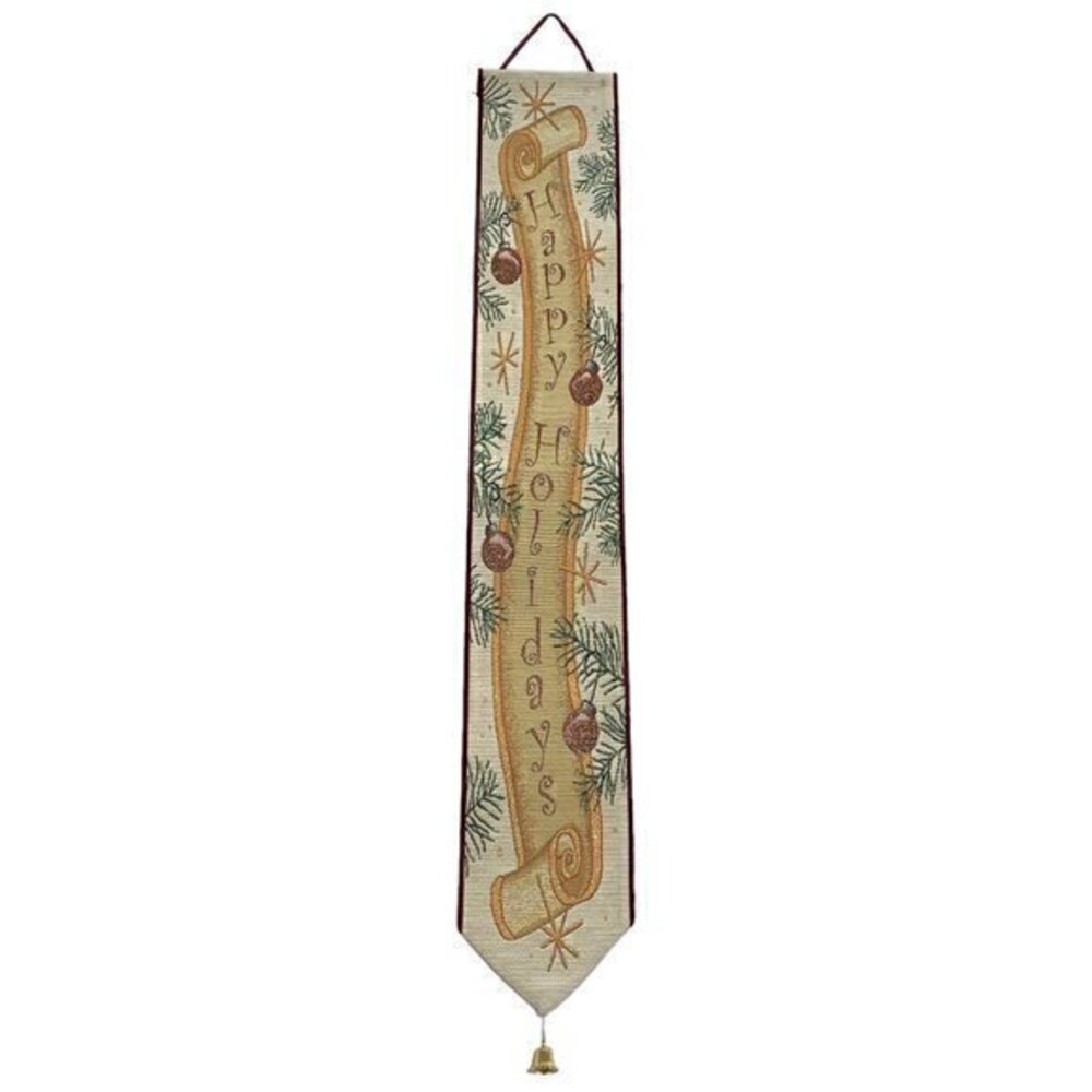 Happy Holidays Tapestry Scroll Art Wall Door Hanging Ornaments Pine Decor Bell